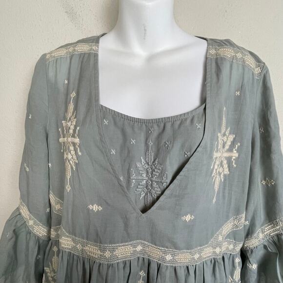 Sundance Embroidered Babydoll Boho Dress M Sage Beige Festival Bell Sleeve Slip - Picture 2 of 9